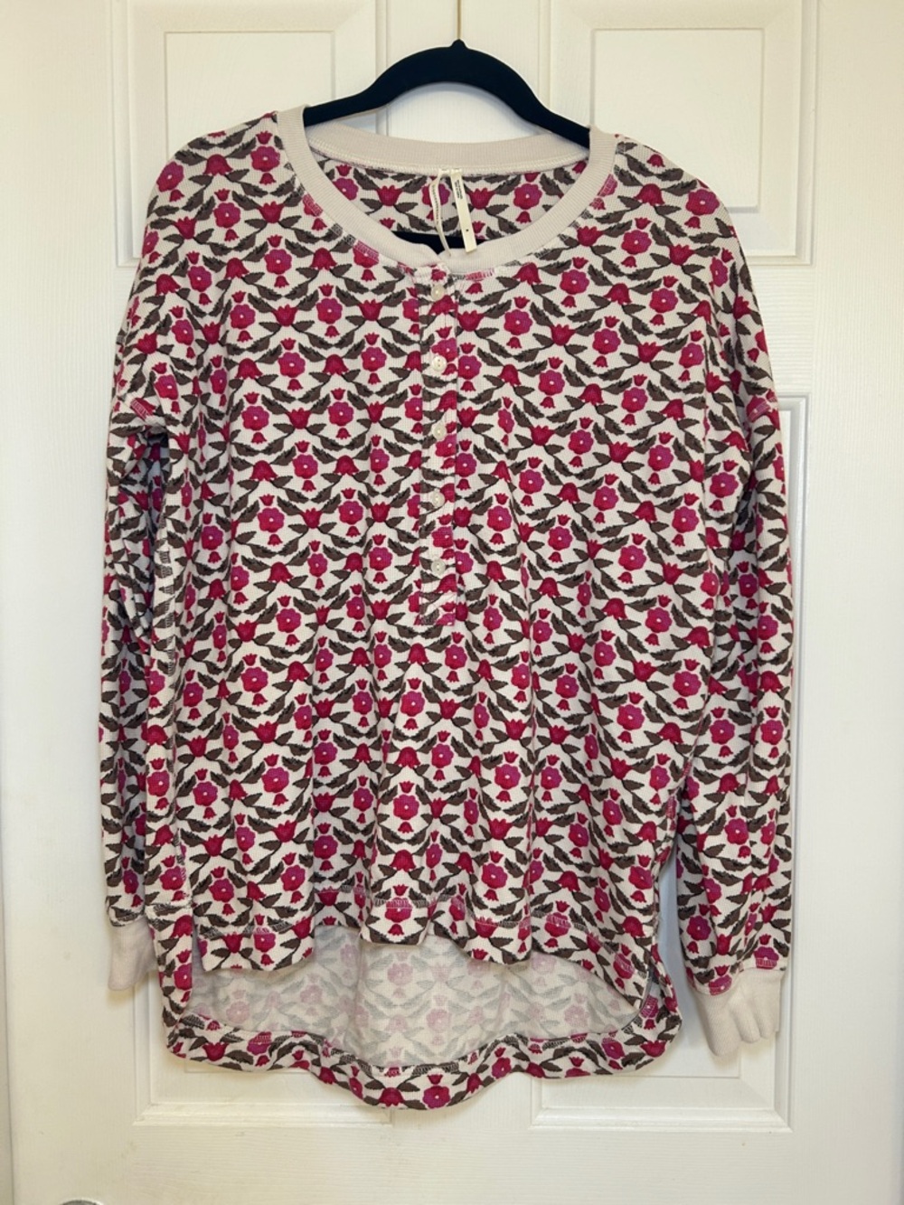 Anthropologie Pink Floral Crewneck Soft Waffle Weave Top with Cream Base